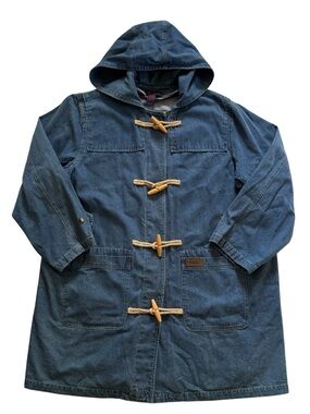 VTG Denim & Co. Duffle Coat Women’s Plus 2X Blue Denim Hooded Wood Toggle Jacket